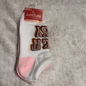 Juncture Women's Socks 5-9 White Pink Brown Take It Easy Lettering No Show